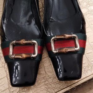 Gucci Patent Leather Signature Web Bamboo Buckle Loafers size 11B